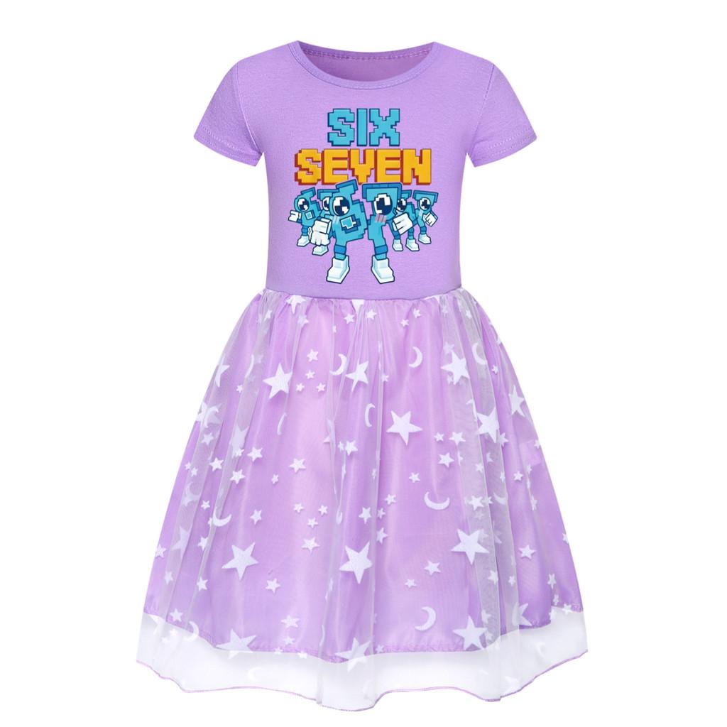 5195 Детское Платье для Девочек Steal a Brainrot 67 Шесть Семь Принт Сетка Радуга Круглый Вырез Повседневное Повседневное Хлопковое Платье