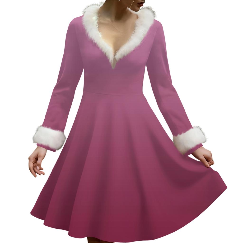 Женское повседневное платье с V-образным вырезом, рождественским принтом, плюшевыми длинными рукавами