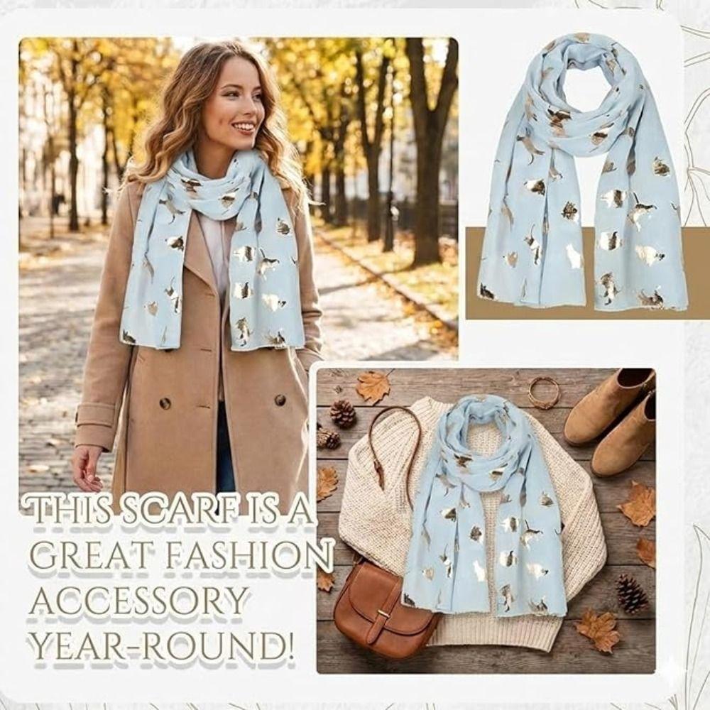 with Frayed Hem Cat Print Scarf Polyester Shawl Wrap Creative Gift Animal Scarf