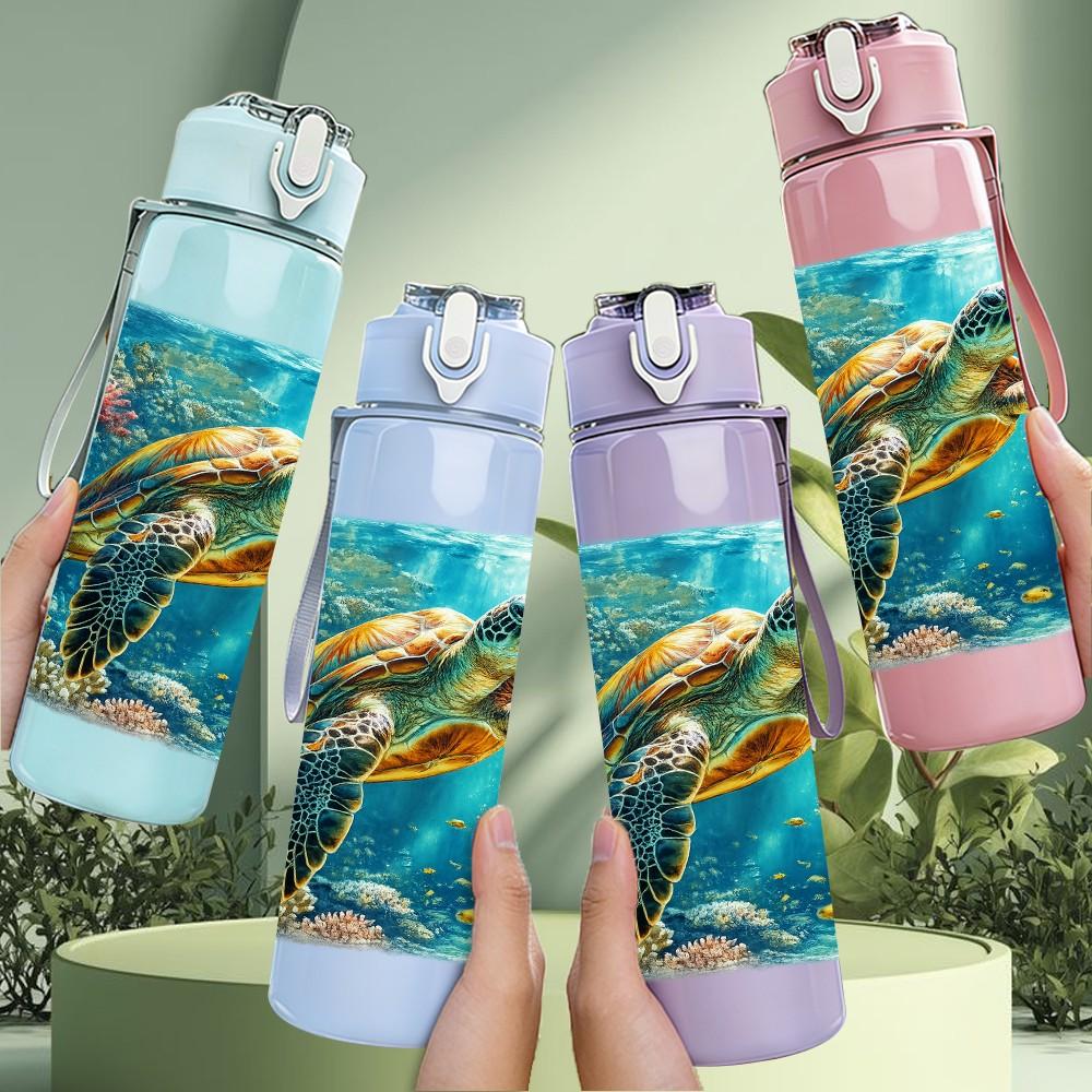1PC Sea Turtle Coral Ocean Scene Print 750ml Color Plastic Sports Water Bottle Leakproof Flip Straw Lid Suitable for Sports Office Home Use
