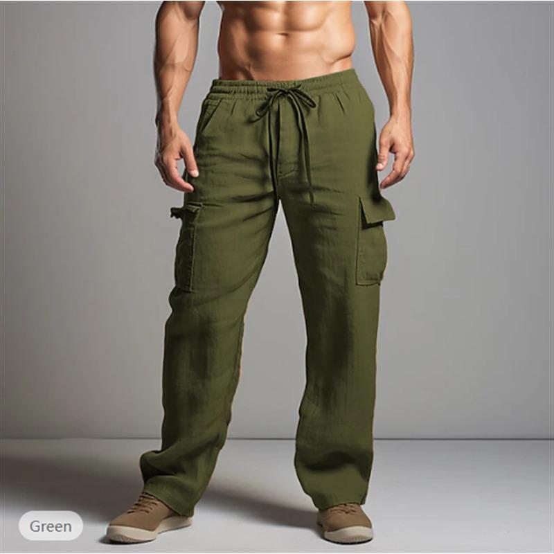 New Cotton and Linen Trousers Drawstring Elastic Waist Straight Leg Solid Color Breathable Daily Casual Mid-length Trousers