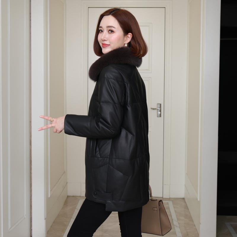 Пуховик из натуральной кожи, женская кожаная куртка средней длины с гусиным пухом, первый слой, воротник из овчины и меха лисы
