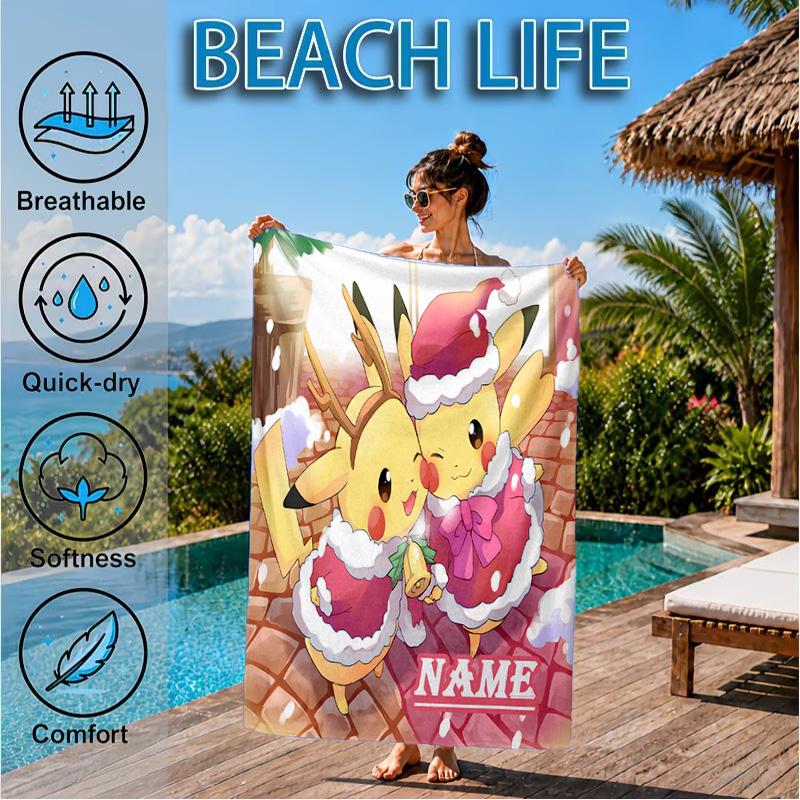 Custom Name Beach Towel Christmas Pika Microfiber Beach Towel Super Soft & Absorbent for Bath, Beach, Travel Bath Time Accessory, Fan gifts