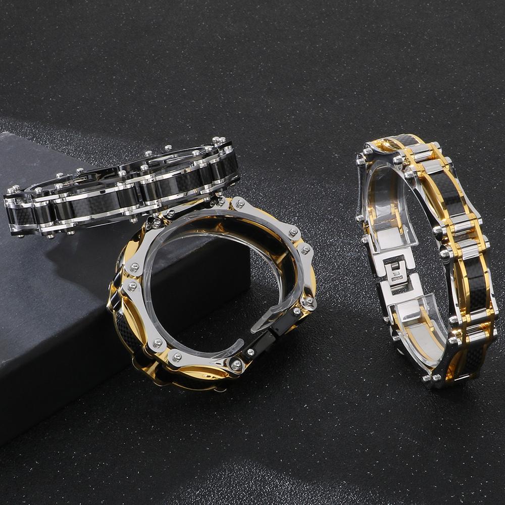 15MM Width Black Fibre Motorcycle Chain Man Bracelet for Men Casting Gold Color 316L Stainless Steel Men's Bracelets & Bangles