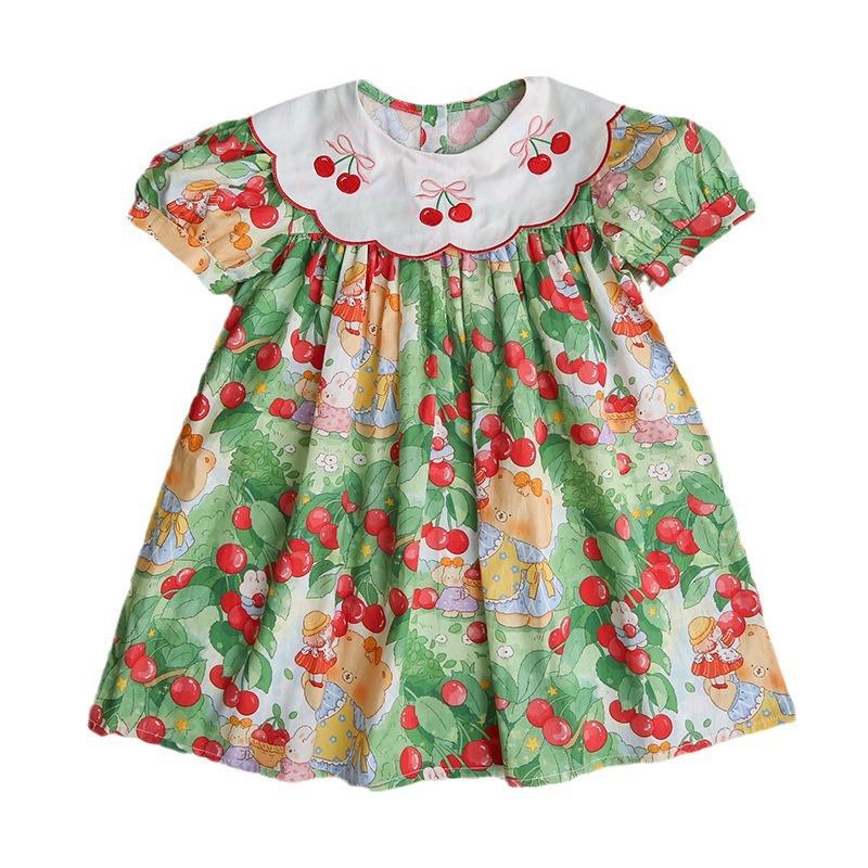 Girls Summer Sweet Cherry Embroidered Peter Pan Collar Short Sleeve Dress Princess Kids Clothing