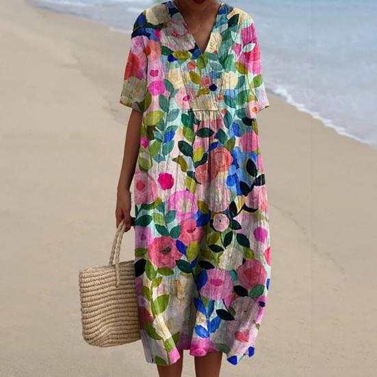 Женское платье с цветочным принтом, платье с коротким рукавом и v-образным вырезом, летнее повседневное платье трапециевидной формы, пуловеры в богемном стиле, платье для вечеринки, повседневная одежда, отпуск