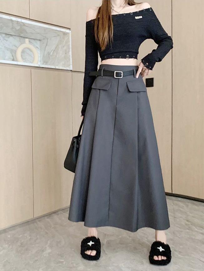 Женская серая юбка А-силуэта со складками - Высокая талия, средней длины, широкий подол, Весенний дизайн