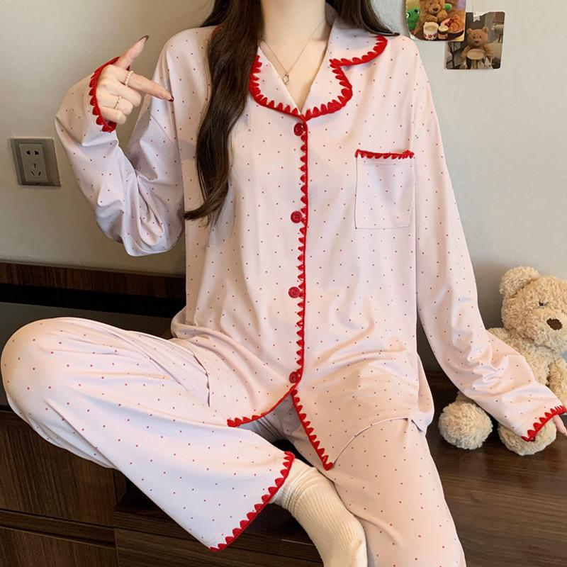 Japanese crescent moon embroidered edge pajamas women's spring new imitation cotton cute cat claws long sleeves two-piece loungewear