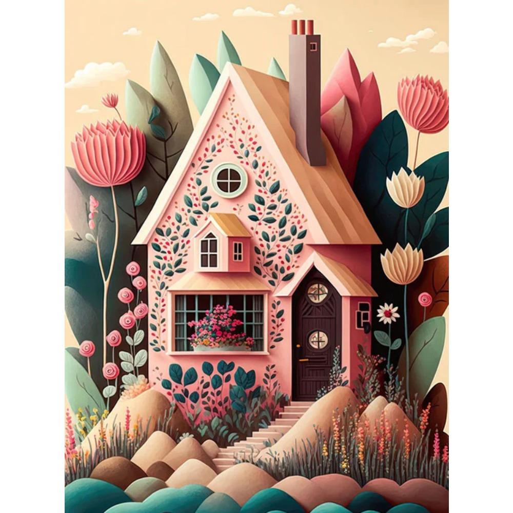 Алмазная картина Full Drill Art Розовый дом Животное Круглая алмазная живопись Ручная работа Звезда Кот Diy Алмазная мозаика Картина Украшение дома