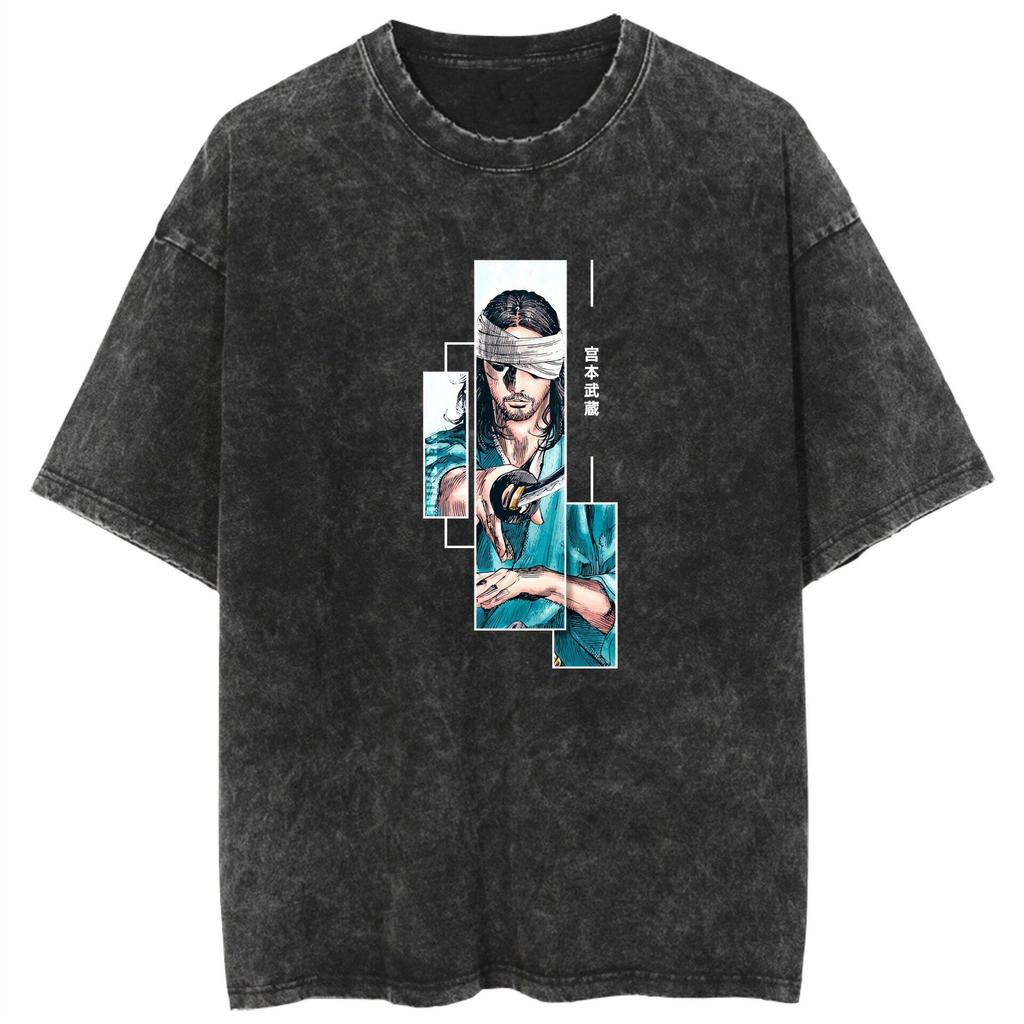 Rare Wash T-shirt Anime Vagabond Miyamoto Musashi Casual Cotton Summer Short Sleeve Men and Women Pure Cotton Wide