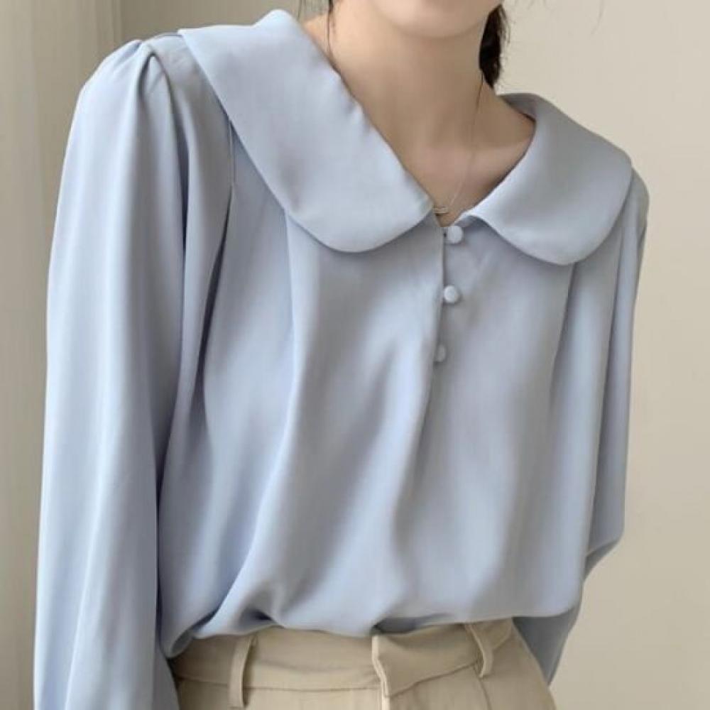Navava Women Lovely Solid Round Collar Long Sleeve Blouse Nb3018