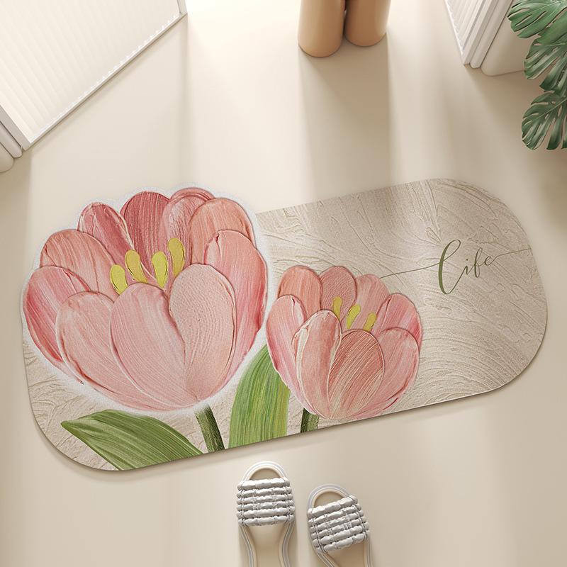 Pink Tulip Diatomaceous Earth Rugs White Floral Bathroom Rug Quick Dry Bath Mat Super Absorbent Washable Rugs Non Slip Area Rug
