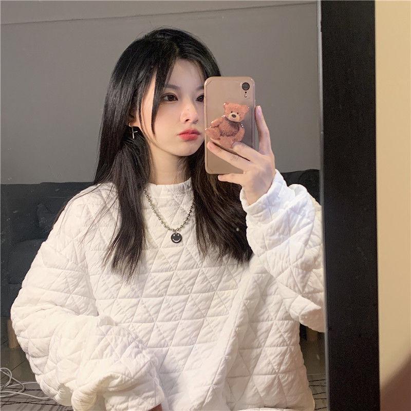 Женский стеганый хлопковый свитшот в корейском стиле - Утепленный, свободного кроя, осенне-зимняя однотонная куртка-топ с пузырчатой воздушной текстурой
