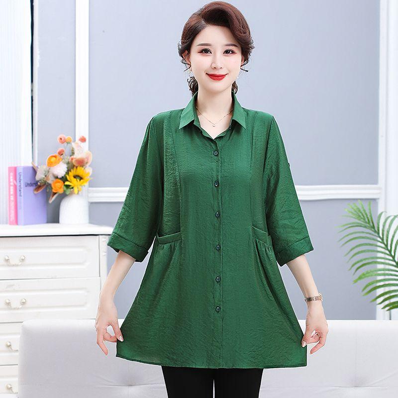 Повседневная однотонная рубашка миди для поездок на работу, однобортная, модная, с отложным воротником, летняя, рукав 3/4, женская одежда, карманы, блузка
