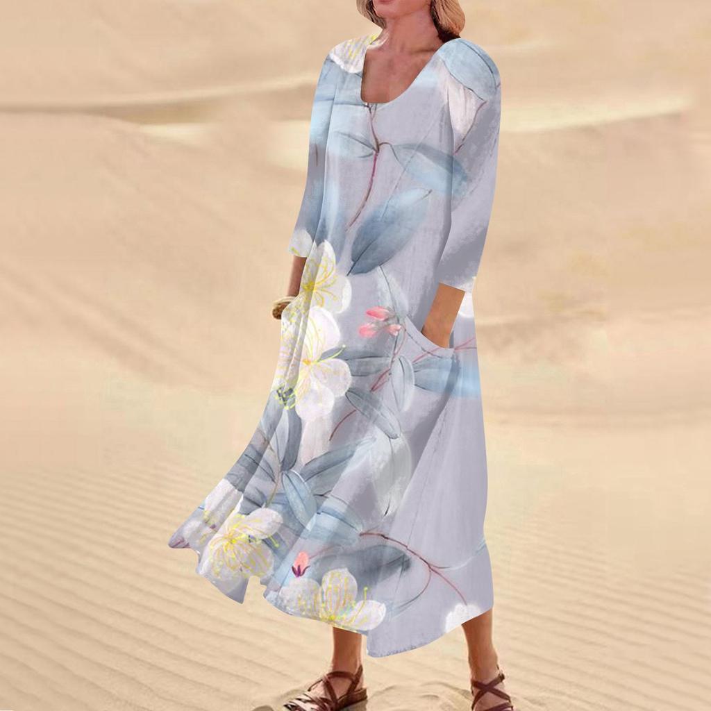 Женское повседневное удобное хлопковое карманное платье с цветочным принтом и рукавами три четверти