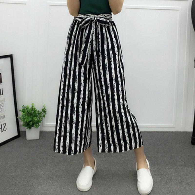Women High Waist Elastic Striped Culotte Pants With Elegant Wide Leg Flare Design For Casual Wear