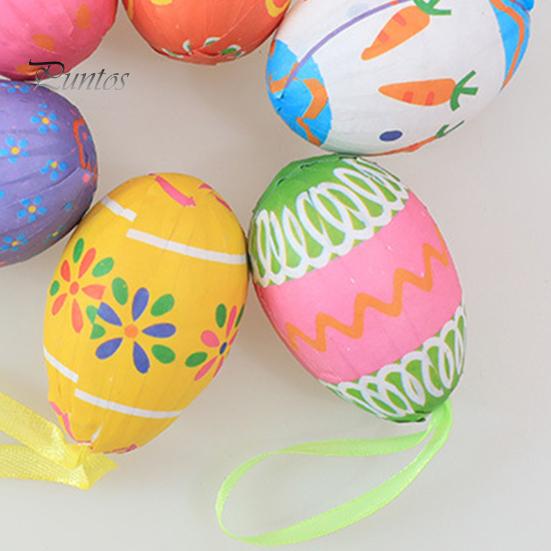 6Pcs Colorful Foam Easter Egg Hanging Decorations with Lanyard Exquisite Patterns Durable Material Simulation Egg Ornaments