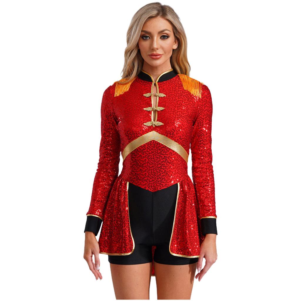 Women Circus Magician Cosplay Bodysuit Long Sleeve Sequins Fringe Epaulet Ringmaster Drummer Halloween Costume