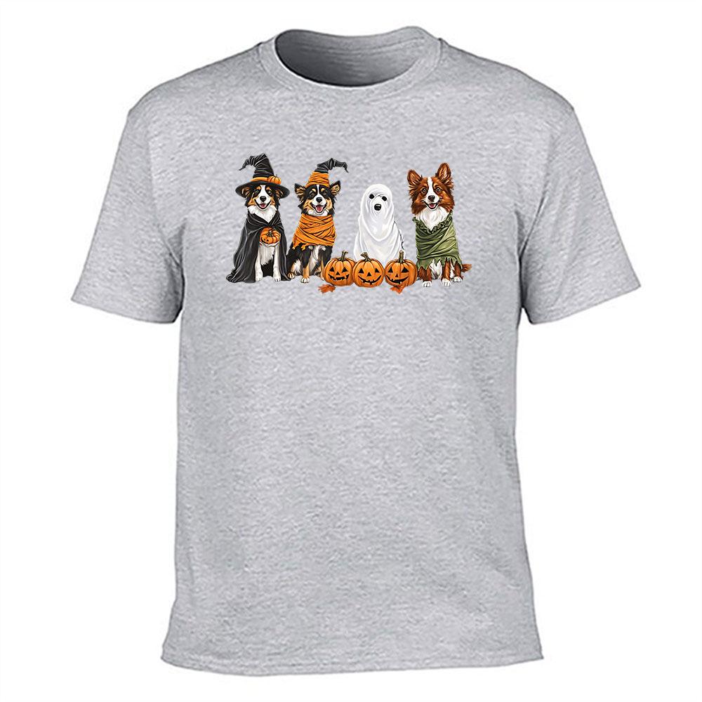Unisexs Cotton Halloween Tshirt Cute Dogs In Witch Mummy Ghost Costumes With Jackolantern Print Casual Short Sleeve Tee