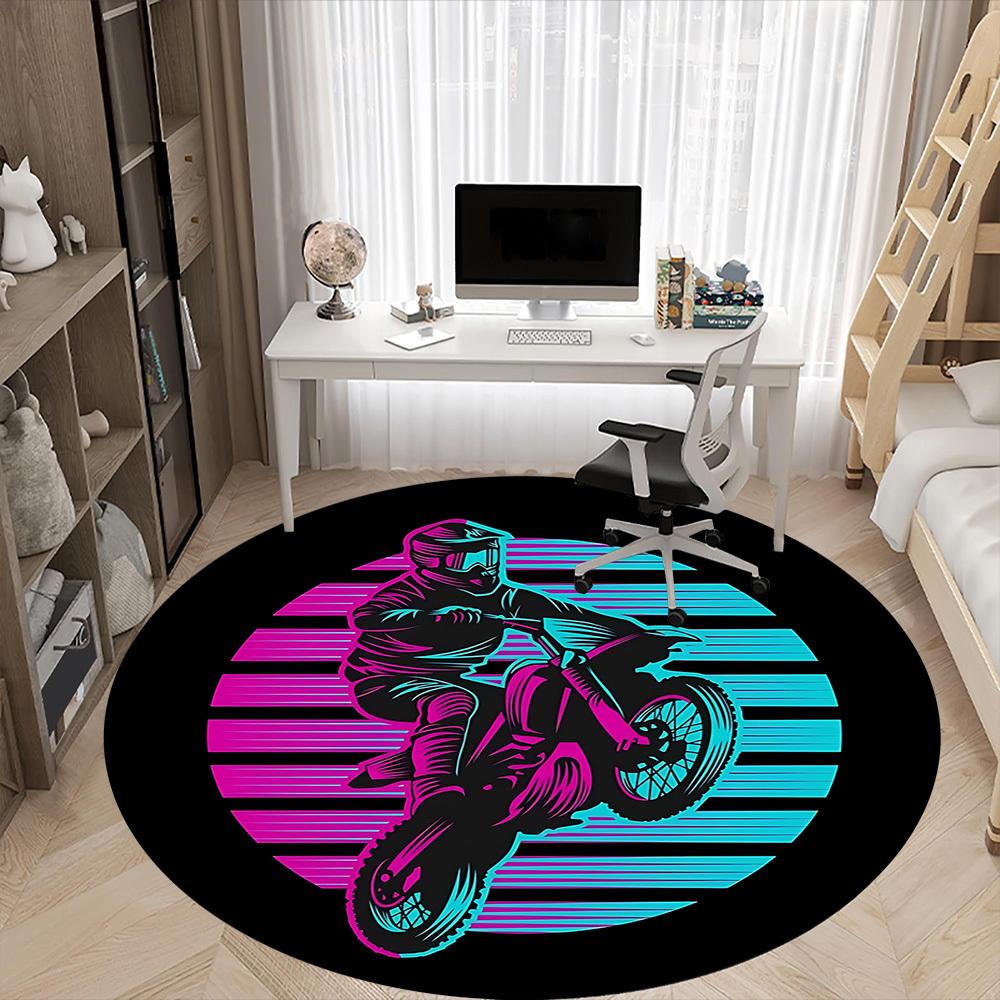 1PC Motorbike Rider Office Round Area Rug, Mat Suitable ForOffice, Under Office Chairs Bedroom Living Room Home Decor, Room Deco
