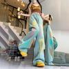Women's Summer Designer Rainbow Gradient Jeans Washed Blue Long Pants High-Waisted Loose Straight Leg Wide-Leg Trousers
