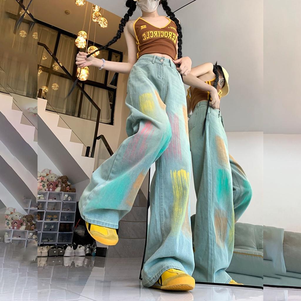 Women's Summer Designer Rainbow Gradient Jeans Washed Blue Long Pants High-Waisted Loose Straight Leg Wide-Leg Trousers