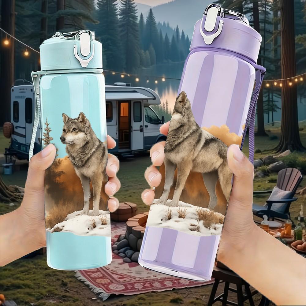 1PC Autumn Forest Wolf Illustration 750ml Color Plastic Sports Water Bottle Leakproof Flip Straw Lid Suitable for Sports Office Home Use