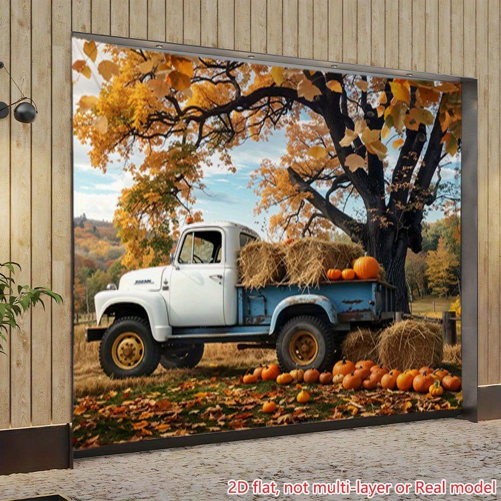 2D plane, 1 vintage truck hay bale pumpkin autumn tree background, birthday commemoration