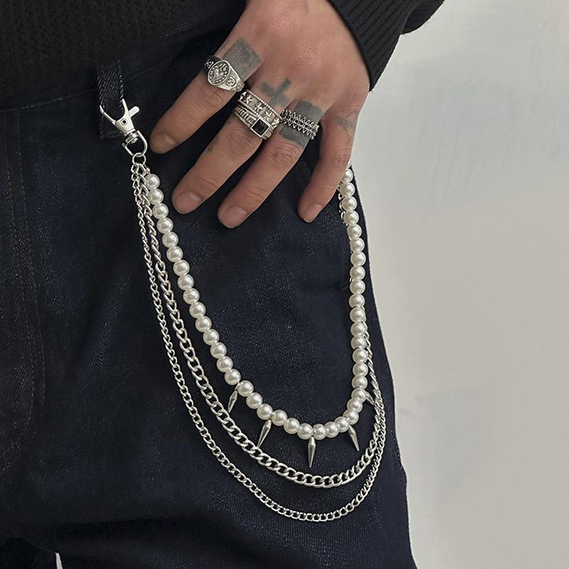 Exquisite Luxury Cross Pendant Imitation Pearl Pants Chain For Men Punk Trousers Chain Hip Hop Jeans Chain Clothing Accessories