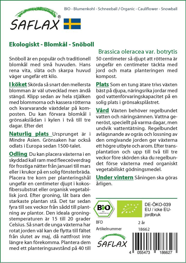 SAFLAX Organic - Цветная капуста - Снежок - 70 семян - Brassica oleracea