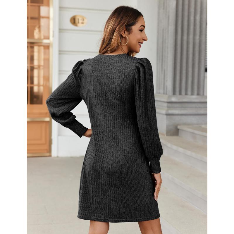 Женское платье с длинным рукавом-фонариком, повседневное трикотажное платье с круглым вырезом длиной до колена