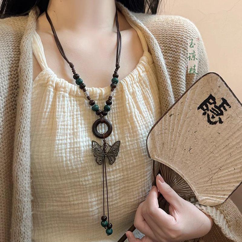 Long necklace, retro butterfly beaded, new Chinese Zen ethnic style stacked, long horse dress, versatile accessories