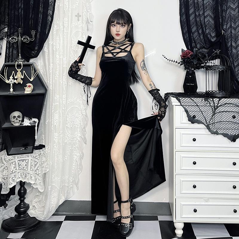 AltGoth Mall Готическое бархатное платье для женщин Fairycore Grunge Элегантное панк-платье с пентаграммой и вырезом без рукавов с бретелью через шею с разрезом Праздничная одежда