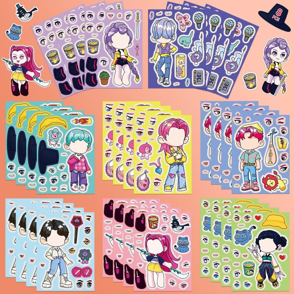 Kpop Demon Hunters DIY Puzzle Sticker Kpop Demon Hunters Face Funny Anime Assemble Stickers Goodie Bag Kids Party Gifts