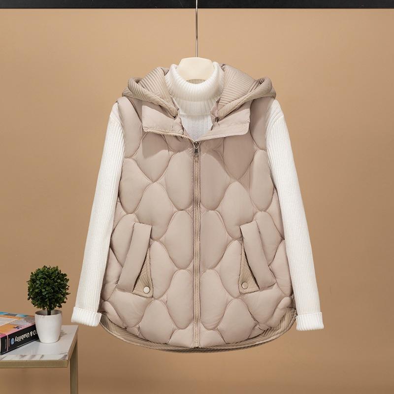 Real shot new cotton clothes removable knitted hat cotton vest women's sleeveless vest fake two down cotton vest