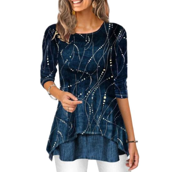 Большие размеры Модная женская рубашка с цифровым принтом 45355 с круглым вырезом и рукавом