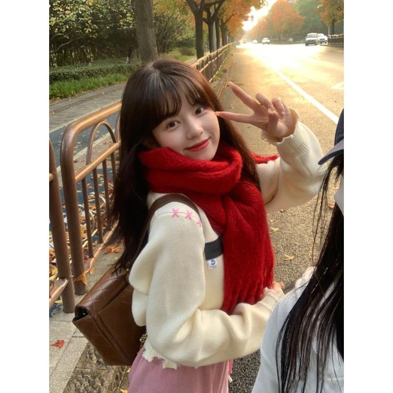 Korean Style Colorful Plaid Scarf for Women Soft Solid Color Scarf Thickened Warm Soft Girl Student Tassel Versatile Mohair
