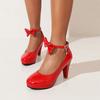 Women Ankle Strap Spike High Heels Bow Platform Round Toe Pumps Glossy Patent Leather Summer Autumn Sweet Lolita Shoes
