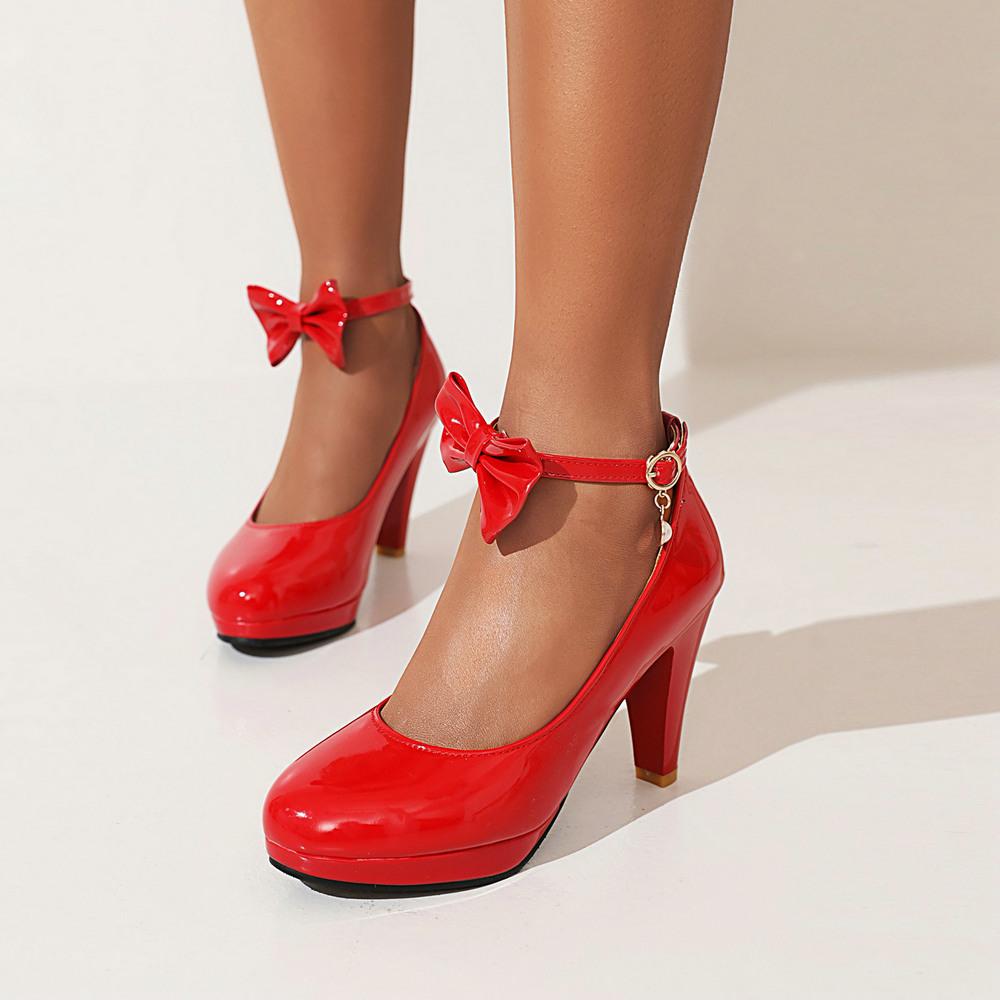 Women Ankle Strap Spike High Heels Bow Platform Round Toe Pumps Glossy Patent Leather Summer Autumn Sweet Lolita Shoes
