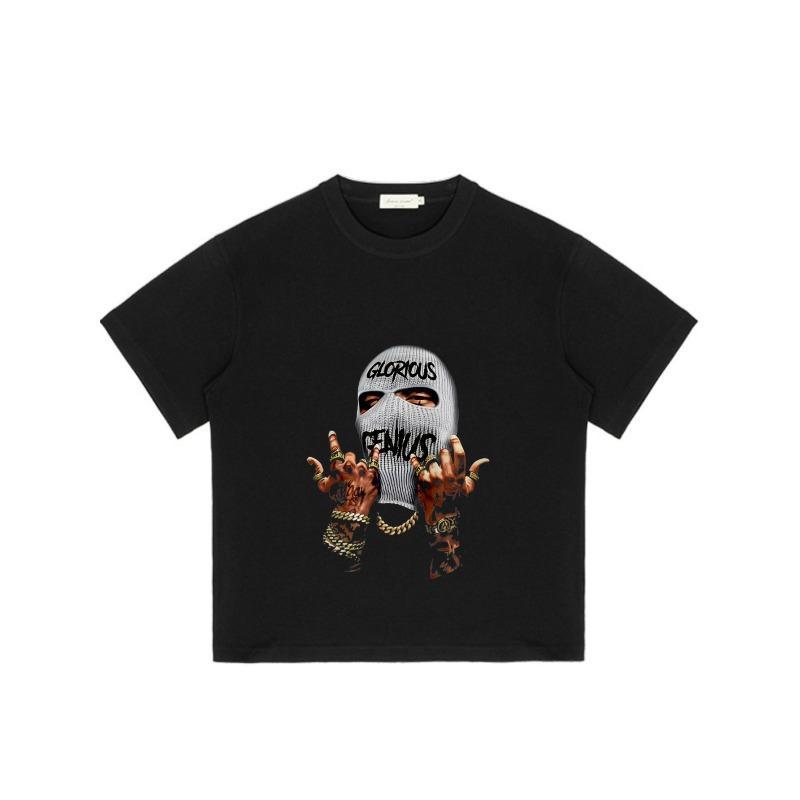 Black T Shirt with Glorious Genius Balaclava and Tattooed Hands Print for Streetwear Fashion
