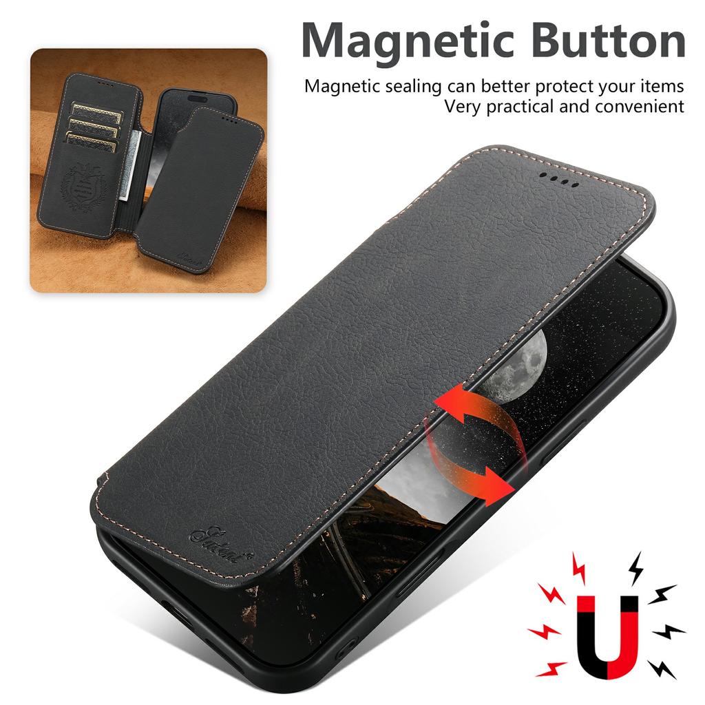 SUTENI J06 For iPhone 17 Pro Case Litchi Texture Leather Wallet Phone Shell Compatible with MagSafe