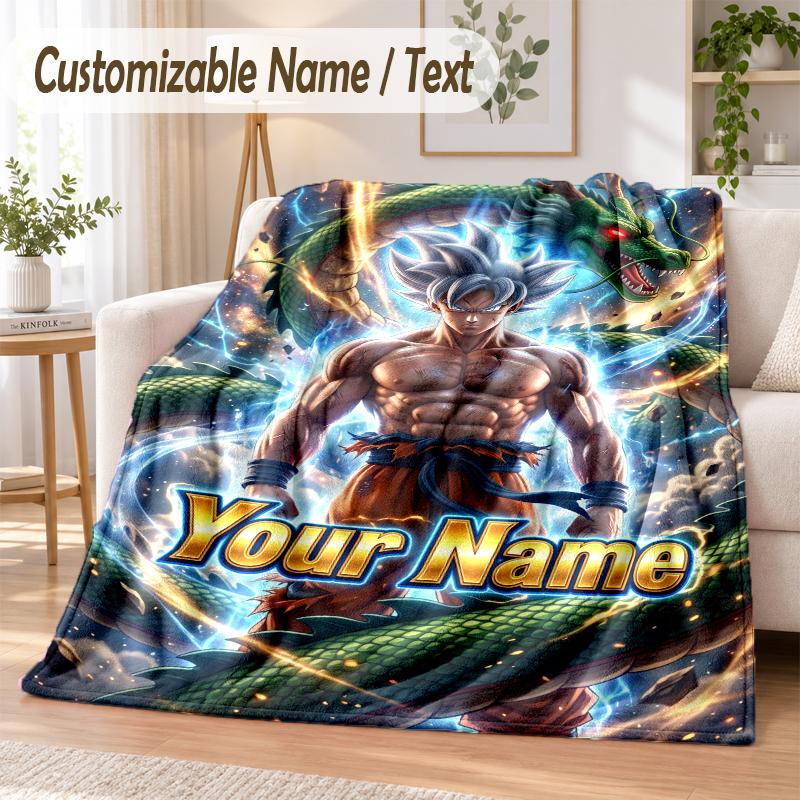 Dragon Ball Custom Name Flannel Throw Blanket Soft Warm for Sofa Bed Indoor Home Use