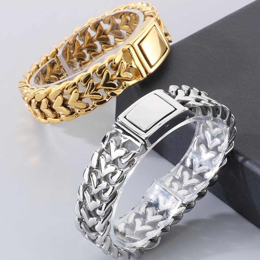 Man Bracelets for Men Gold Color Stainless Steel 16MM Width Heart Shape Chain Bracelet Men's On Hand Wrist Jewelry Accessories