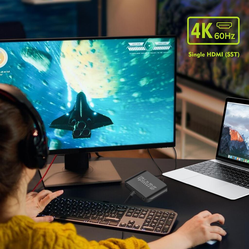 Совместимый HDMI-разветвитель 1 в 2 выхода USB C на HDMI+DP-разветвитель 4K 60 Гц MST SST Высокое качество видео