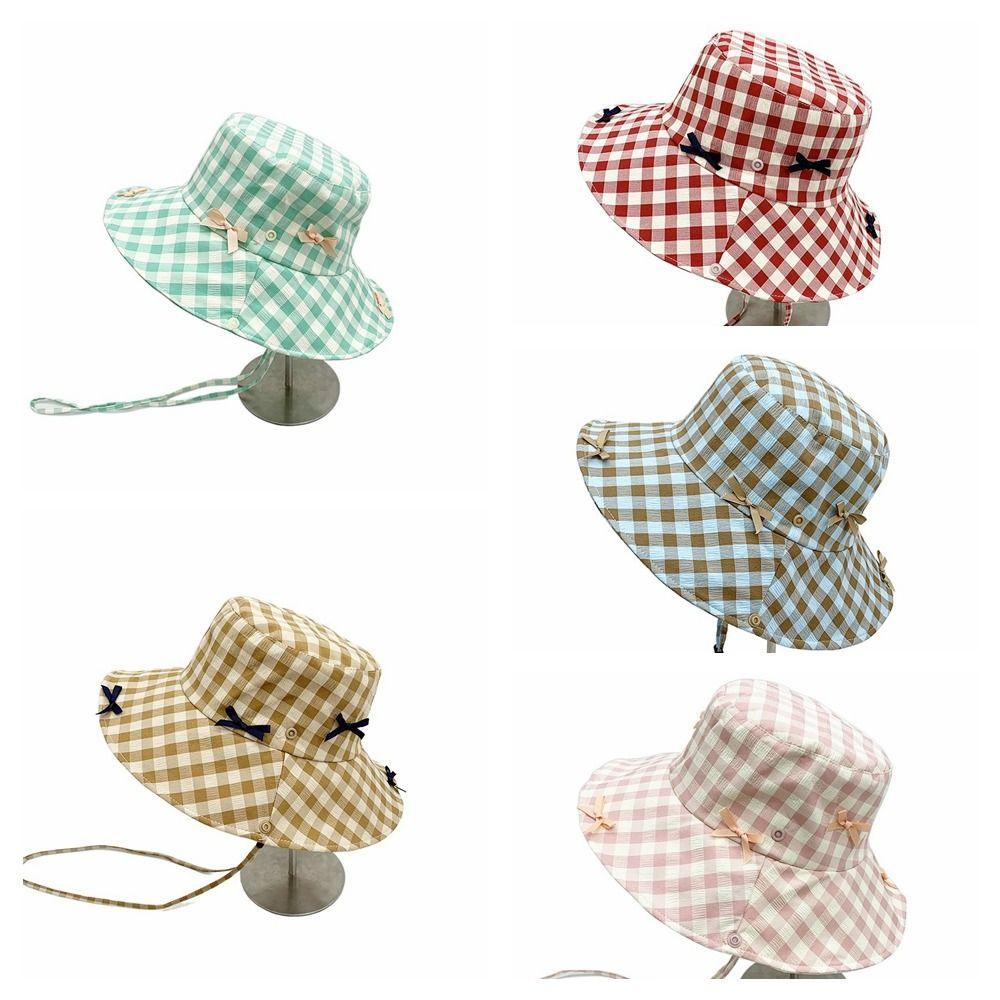 Versatile Hiking Fisherman Hat Sun Protection Bow Bucket Hat Cute Plaid Hiking Cap Outdoor
