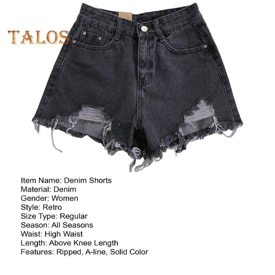 Summer Women Denim Shorts High Waist A-line Solid Color Ripped Button Zipper Closure Retro Pockets Slim Fit Above Knee Length Short Pants