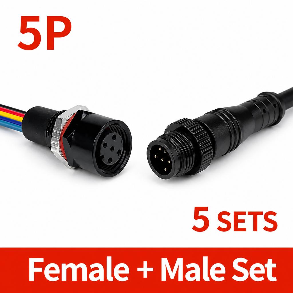 M12 IP65 Waterproof Metal Panel Mount Connector 2 3 4 5 6 8 Pin Female Socket Male Plug Pigtail Cable 5PCS 5 Matched Set Choices