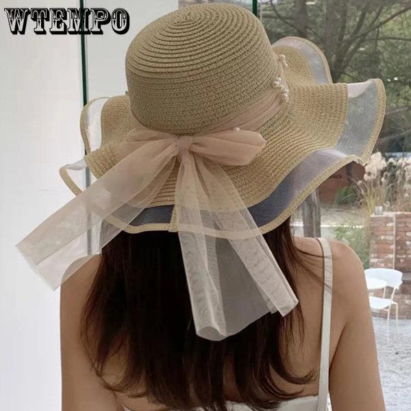 WTEMPO Соломенные шляпы с жемчугом, женские летние пляжные пляжные солнцезащитные козырьки для отдыха, солнцезащитный крем, сандалии с большими полями, однотонные солнцезащитные шляпы