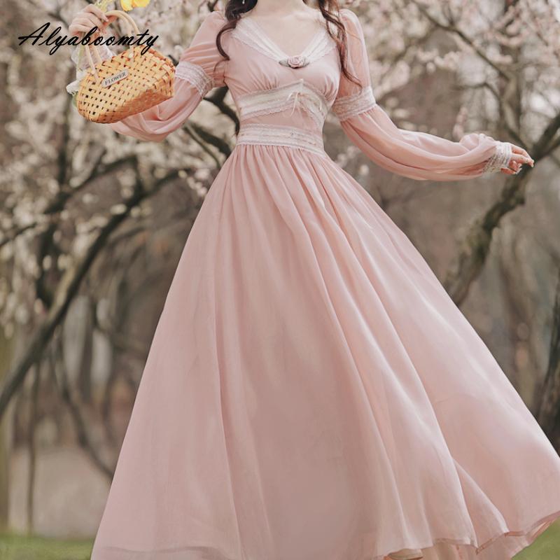 Весенне-осеннее женское сказочное розовое платье миди с v-образным вырезом, кружевное лоскутное платье с бантом и цветочным принтом, элегантное женское шифоновое платье трапециевидной формы