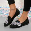 Fashion Women's Single Shoes Autumn New Pointed Toe Shallow Slip Rhinestone Flower Slip-on Soft Slip Low Heel Shoes
